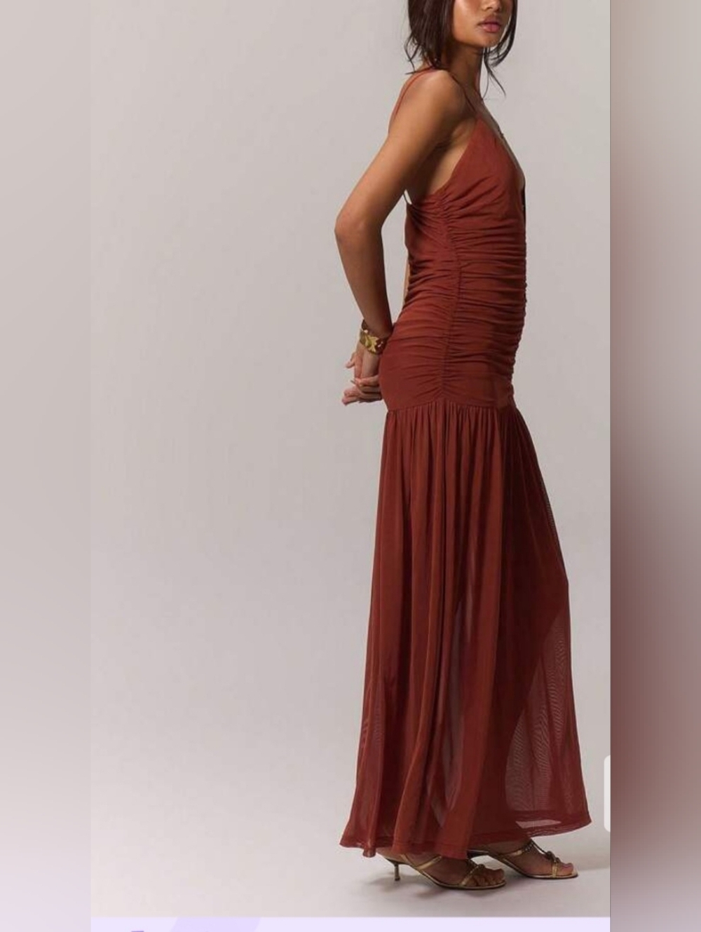 Musera Rust Brown V Neck Sheer Ruched Bodycon Maxi Dress Large - Picture 3 of 7